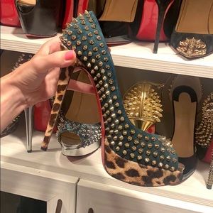 Louboutin Lady Peep Gold Spikes Teal/Pony 10.5
